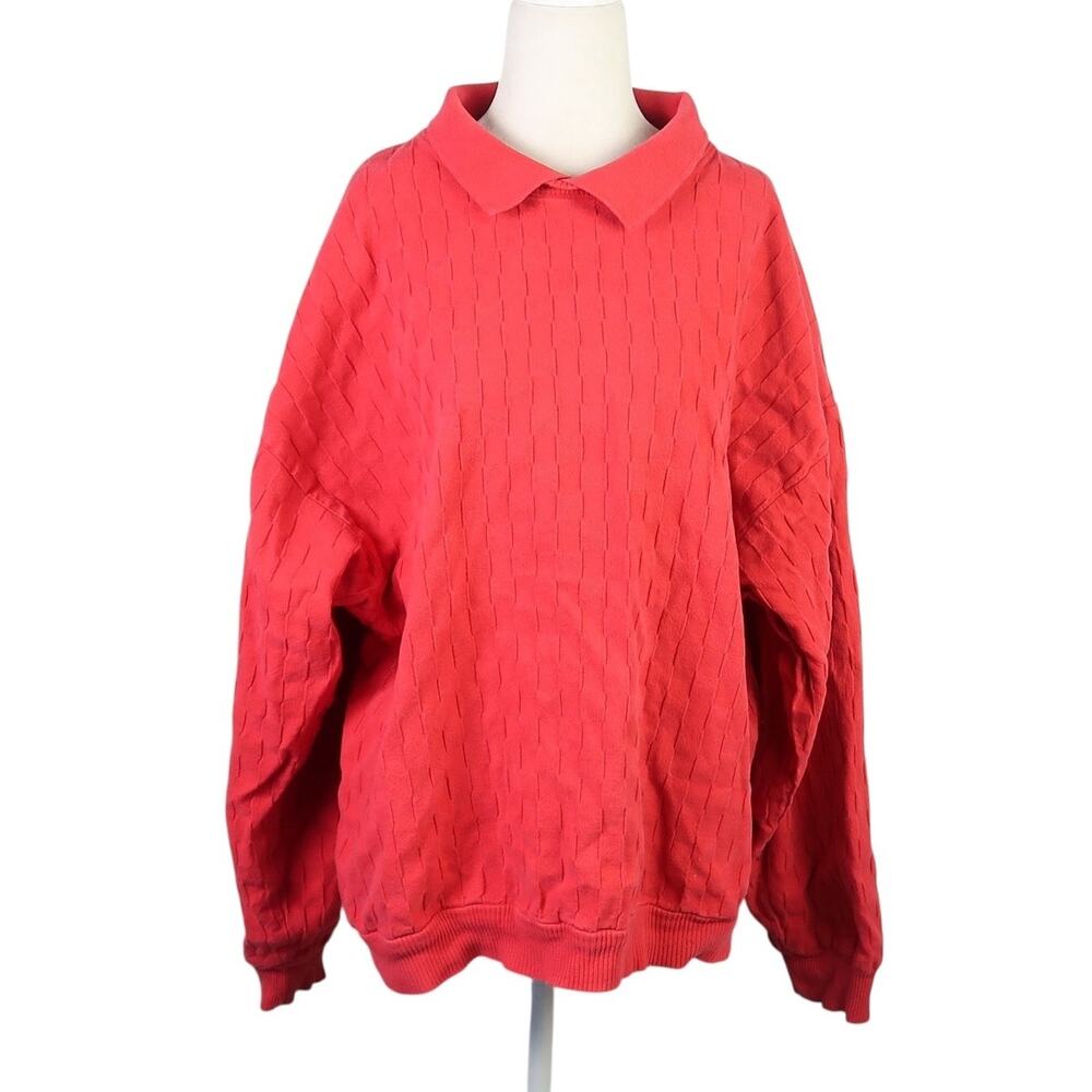 Vintage 90s Cotton to the Core Red Grid Collared Sweatshirt XL